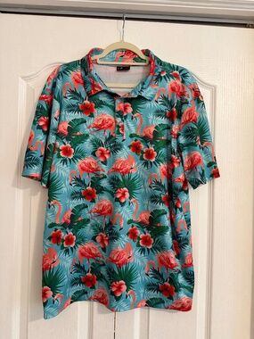 Yatta Golf Men’s L Flamingo Tropical Hawaiian Golf Polo Shirt